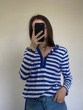 Lauren Jeans Co Ralph Lauren Blue White Striped Hooded Top Women’s Large
